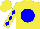 Yellow, blue ball, blue diamonds on sleeves, yellow cap