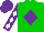 Green, purple diamond, white diamonds on purple sleeves, purple cap