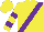 Yellow, purple sash and 'd', purple hoops on sleeves