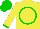 Yellow, green circle 'l' on back, green cuffs and cap