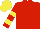 Red, yellow bars on sleeves, yellow cap
