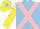Light blue, pink cross belts, yellow sleeves, yellow cap, light blue star