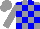 Grey body, big-blue checked, grey arms, grey cap, big-blue striped