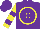 Purple, yellow circled 'c', purple bars on yellow sleeves, purple cap