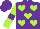 Purple, lime green hearts, purple band on lime green sleeves