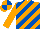 Orange, royal blue diagonal stripes, orange sleeves, orange and royal blue quartered cap