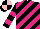 Black and cerise diagonal stripes, black sleeves, two cerise hoops, black and pink quartered cap