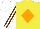Yellow, orange diamond on front and back, white stripes on brown sleeves, white cap