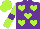 Dark purple, lime green hearts, dark purple band on lime green sleeves, lime green cap