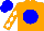 Orange, blue ball, orange sleeves, white diamonds, blue cap