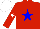 Red, blue star, white star on sleeves, white cap