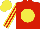 Red, yellow ball, yellow stripes on sleeves, yellow cap