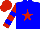 Blue body, red star, red arms, blue hooped, red cap