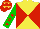 Yellow body, red diabolo, green arms, red stars, red cap, yellow stars