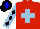 Red, light blue cross, light blue and black diamonds on sleeves, black cap, blue diamond