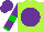 Lime green, purple disc, green armlets and cuffs on purple sleeves, purple cap