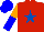 Red, royal blue star, orange and blue  halved sleeves, blue cap