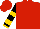 Red, silver shield, black and gold hooped sleeves, black cuffs