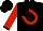 Black, red horseshoe and 'jr' on back, black cuffs on red sleeves, black cap