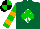 Dark green, green shamrock, white diamond, green and orange hoops on sleeves, black and green quartered cap