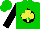 Green, yellow shamrock on black horseshoe, black sleeves, green cap