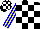 Black and white blocks, yellow and blue stripes on sleeves, black and white blocks on cap