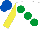 White, large emerald green spots, yellow sleeves, royal blue cap