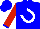 Blue, white horseshoe, blue cuff on red sleeves