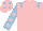 Pink, light blue epaulets, light blue sleeves, pink spots, pink cap, light blue spots