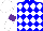 Blue and white diamonds, purple hoop on white sleeves, white cap