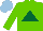 Light green, dark green triangle, light green sleeves, light blue cap