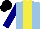 Light blue, yellow panel, navy sleeves, black cap