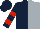 Dark blue and silver halved, red bars on dark blue sleeves