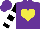 Purple, yellow heart, black and white hoops on sleeves, purple cap