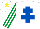 White, royal blue cross of lorraine, white & emerald green striped sleeves, white cap, yellow star
