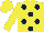 Yellow, dark blue spots, yellow sleeves and cap