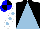Black and light blue triangular thirds, white sleeves, light blue spots, blue and black quartered cap
