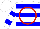 White, red circle, blue hoops, blue hoops on white sleeves