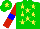 Green body, yellow stars, red arms, blue armlets, green cap, yellow star