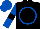 Black, royal blue circle, black hoop on royal blue sleeves, royal blue cap