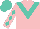 Pink, turquoise 'v' and emblem, turquoise diamonds on sleeves, pink and turquoise cap