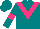 Teal, hot pink v, hot pink band on sleeves