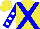 Yellow, blue cross sashes front and back, white dots on blue sleeves
