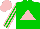 Green, pink triangle, striped sleeves, pink cap