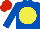 Royal blue, yellow disc, red cap