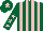 Dark green and pink stripes, dark green sleeves, pink stars, dark green cap, pink star