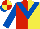 red, yellow halved, royal blue chevron, royal blue sleeves, red and yellow quartered cap, royal blue peak