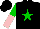 Black, green star, green and pink halved sleeves, black cap