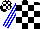 Black and white blocks, yellow and blue stripes on white sleeves, black and white blocks on cap