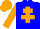 Big-blue body, orange cross of lorraine, orange arms, orange cap